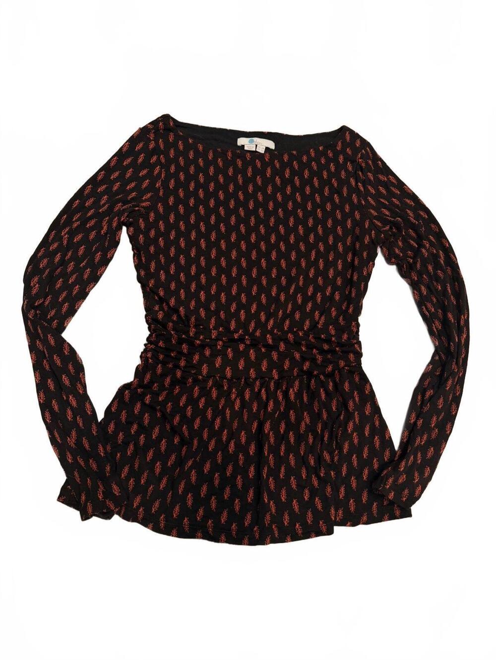 Boden Black Rust Leaf Print Ruched Peplum Long Sleeve Top XS